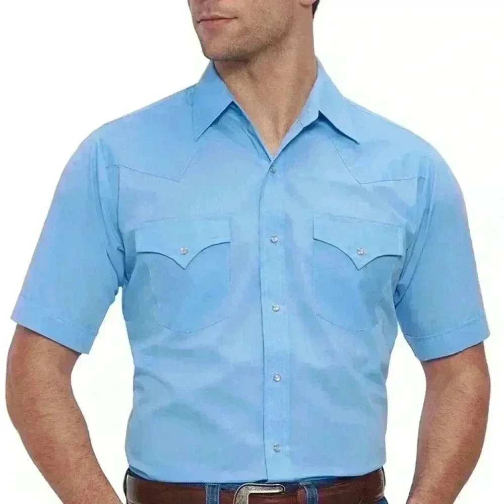 Ely Cattleman Blue Short Sleeve Solid Western Pearl Snap Button Down XL Shirt - Picture 5 of 5